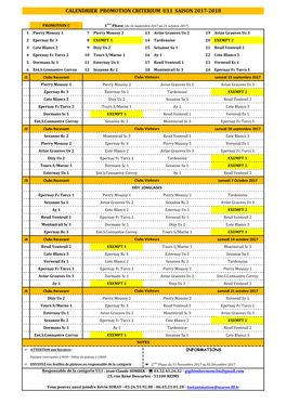 Calendrier Promotion Criterium U11 Saison 2017-2018