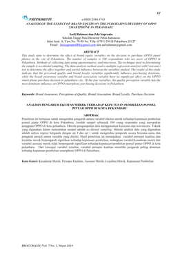 67 PROCURATIO E-ISSN 2580-3743 ANALYSIS of the EFFECT of BRAND EQUITY on the PURCHASING DECISION of OPPO SMARTPHONE in PEKANBARU