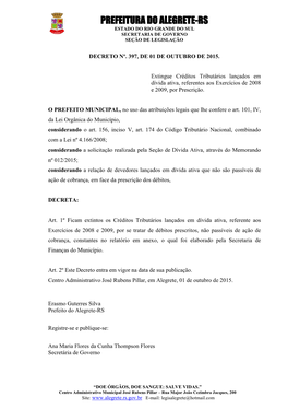 Prefeitura Do Alegrete-Rs Estado Do Rio Grande Do Sul Secretaria De Governo Seção De Legislação