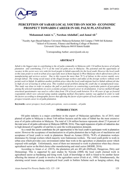 Perception of Sabah Local Youths on Socio –Economic Prospect Towards Career in Oil Palm Plantation