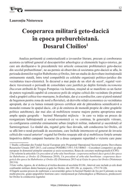 Cooperarea Militară Geto-Dacică În Epoca Preburebistană. Dosarul Cloilios1