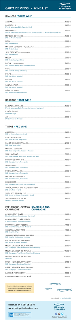 Carta De Vinos / Wine List Blancos / White Wine