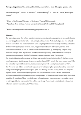 Phylogenetic Position of the Coral Symbiont Ostreobium Inferred from Chloroplast Genome Data