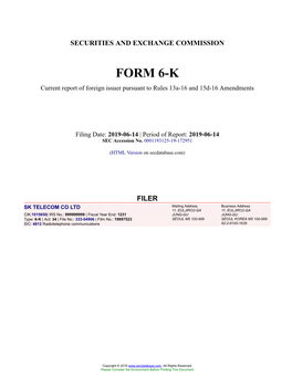 SK TELECOM CO LTD Form 6-K Current Event Report Filed 2019-06