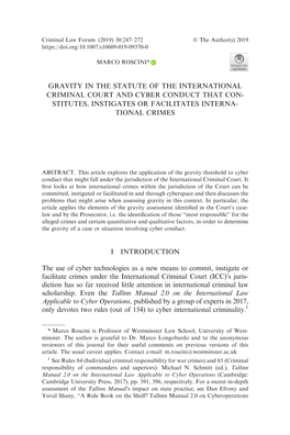 Gravity in the Statute of the International Criminal Court and Cyber Conduct That Con- Stitutes, Instigates Or Facilitates Interna- Tional Crimes