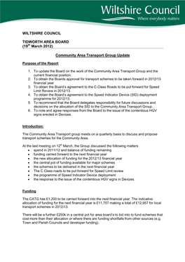 WILTSHIRE COUNCIL TIDWORTH AREA BOARD (19Th March 2012