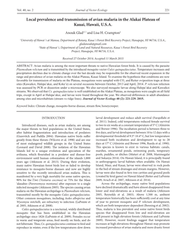 Local Prevalence and Transmission of Avian Malaria in the Alakai Plateau of Kauai, Hawaii, U.S.A