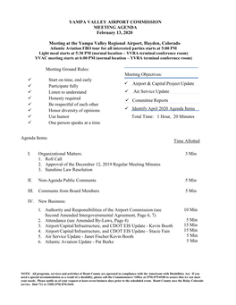 YAMPA VALLEY AIRPORT COMMISSION MEETING AGENDA February 13, 2020