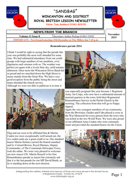 SANDBAG” WINCANTON and DISTRICT ROYAL BRITISH LEGION NEWSLETTER Editor Tony Goddard 01963-824193