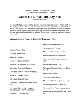 Glens Falls/Queensbury Files Contain Materials About the History of Glens Falls and Queensbury, Warren County, NY