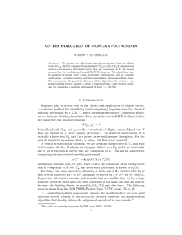 ON the EVALUATION of MODULAR POLYNOMIALS 1. Introduction