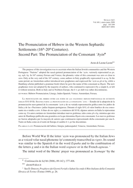 The Pronunciation of Hebrew in the Western Sephardic Settlements (16Th-20Th Centuries)