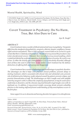 Covert Treatment in Psychiatry: Do No Harm, True, but Also Dare to Care