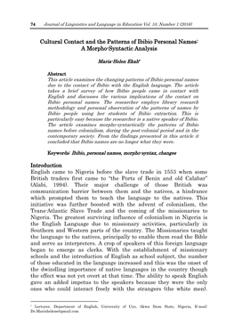 Cultural Contact and the Patterns of Ibibio Personal Names: a Morpho-Syntactic Analysis