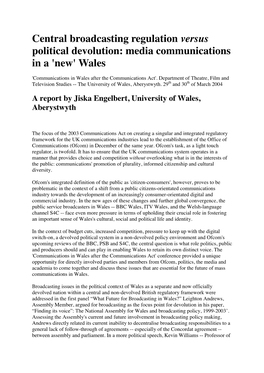 Central Broadcasting Regulation Versus Political Devolution: Media Communications in a 'New' Wales