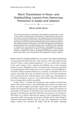 Norm Transmission in Peace- and Statebuilding: Lessons from Democracy Promotion in Sudan and Lebanon  Marie-Joëlle Zahar