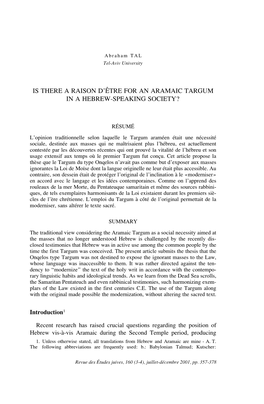 Is There a Raison D'être for an Aramaic Targum in a Hebrew-Speaking Society?