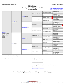 Bissinger Dark Bay Or Brown Gelding; Feb 26, 2013 View Complete Auction History 10 Starts, Winner Click Here for Interactive Nicking