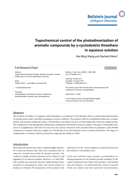 Topochemical Control of the Photodimerization of Aromatic Compounds by Γ-Cyclodextrin Thioethers in Aqueous Solution