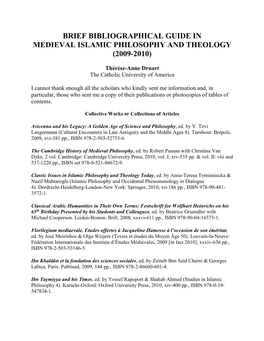 Brief Bibliographic Guide in Medieval Islamic Philosophy and Theology