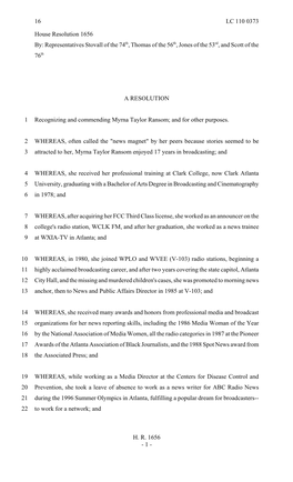 House Resolution 1656 By: Representatives Stovall of the 74Th, Thomas of the 56Th, Jones of the 53Rd, and Scott of the 76Th