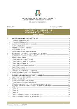 COMUNICATO FEDERALE N. 1 STAGIONE SPORTIVA 2012/2013 Settore Tecnico