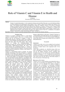 Role of Vitamin C and Vitamin E in Health and Disease S.Subasree Saveetha Dental College,Chennai