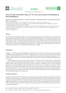 Notes on Early Land Plants Today. 55. New Taxa and Synonyms in Adelanthaceae (Marchantiophyta)