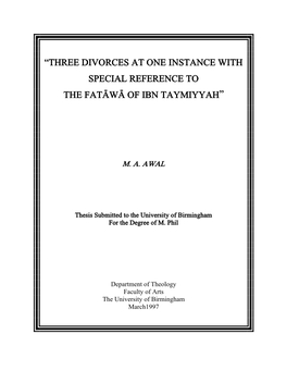 Three Divorces at One Instance with Special Reference to the Fatawa Of