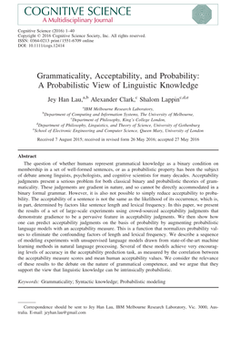 Grammaticality, Acceptability, and Probability: a Probabilistic View of Linguistic Knowledge