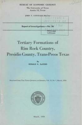 Tertiary Formations of Rim Rock Country, Presidio County, Trans-Pecos Texas