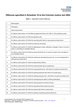 Offences Specified in Schedule 15 to the Criminal Justice Act 2003