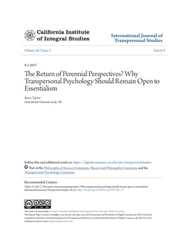 Why Transpersonal Psychology Should Remain Open to Essentialism Steve Taylor Leeds Beckett Nu Iversity Leeds, UK