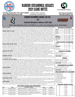 Rancho Cucamonga Quakes 2021 Game Notes