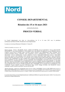 CONSEIL DEPARTEMENTAL Réunion Des 15 Et 16 Mars 2021