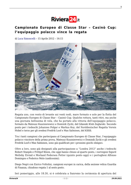 Campionato Europeo Di Classe Star – Casinò Cup: L’Equipaggio Polacco Vince La Regata