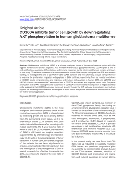 Original Article CD300A Inhibits Tumor Cell Growth by Downregulating AKT Phosphorylation in Human Glioblastoma Multiforme