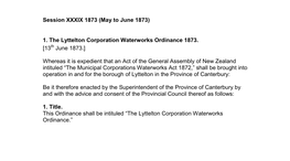 The Ordinances of the Canterbury Provincial Council: Session 39, May 1873