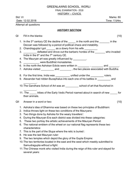 GREENLAWNS SCHOOL, WORLI FINAL EXAMINATION - 2018 HISTORY – CIVICS Std: VI Marks: 80 Date: 12.02.2018 Time: 1½Hrs Attempt All Questions