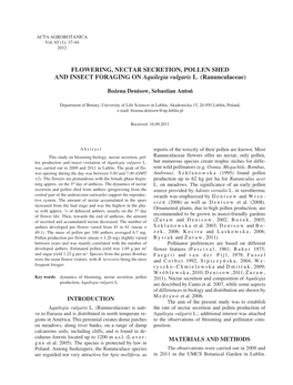 FLOWERING, NECTAR SECRETION, POLLEN SHED and INSECT FORAGING on Aquilegia Vulgaris L