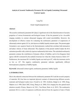 Analysis of Acoustic Nonlinearity Parameter B/A in Liquids Containing Ultrasound Contrast Agents