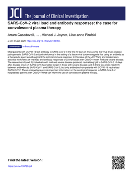 SARS-Cov-2 Viral Load and Antibody Responses: the Case for Convalescent Plasma Therapy