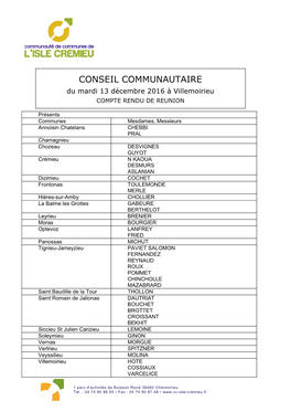 CONSEIL COMMUNAUTAIRE Du Mardi 13 Décembre 2016 À Villemoirieu COMPTE RENDU DE REUNION