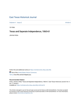 Texas and Seperate Independence, 1860-61