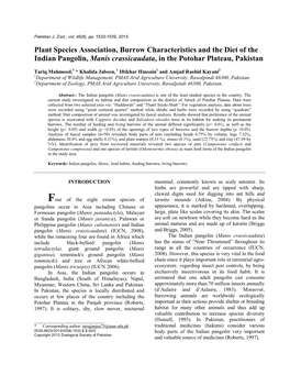 Plant Species Association, Burrow Characteristics and the Diet of the Indian Pangolin, Manis Crassicaudata, in the Potohar Plateau, Pakistan