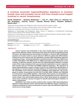 A Common Promoter Hypomethylation Signature in Invasive Breast, Liver and Prostate Cancer Cell Lines Reveals Novel Targets Involved in Cancer Invasiveness