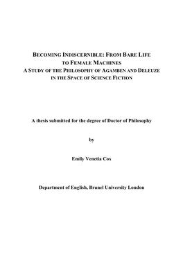 FROM BARE LIFE to FEMALE MACHINES a Thesis Submitted For