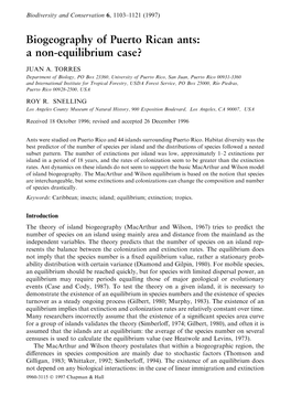 Biogeography of Puerto Rican Ants: a Non-Equilibrium Case?