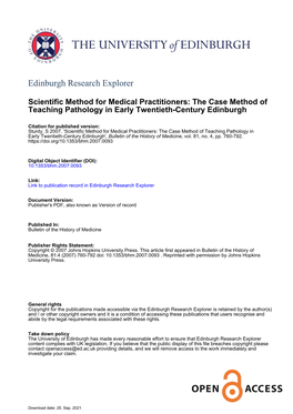 The Case Method of Teaching Pathology in Early Twentieth-Century Edinburgh', Bulletin of the History of Medicine, Vol