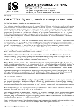 KYRGYZSTAN: Eight Raids, Two Official Warnings in Three Months